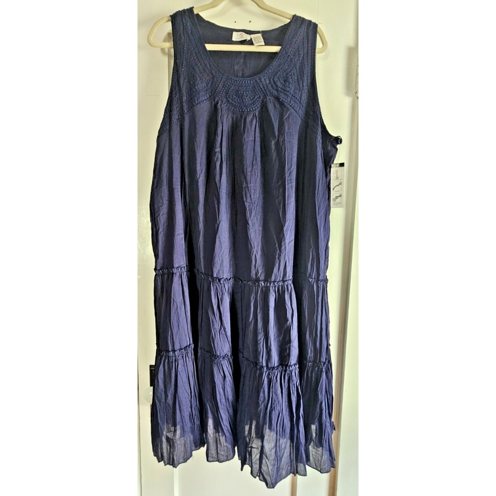 NWT OSO CASUALS cotton navy blue Embroiered tiered crinke dress 2X  light weight